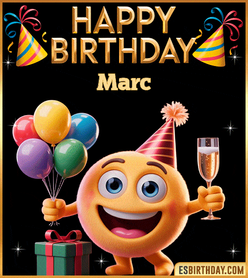 Happy Birthday Marc PNG image with a smiling emoji holding balloons and a glass of champagne, perfect cheerful picture to celebrate birthdays