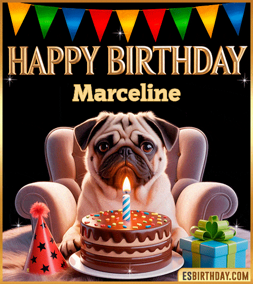 Funny happy birthday GIF for Marceline featuring a cute pug sitting on a chair with a chocolate cake, birthday hat, candle, and colorful decorations – perfect funny dog-themed birthday greeting