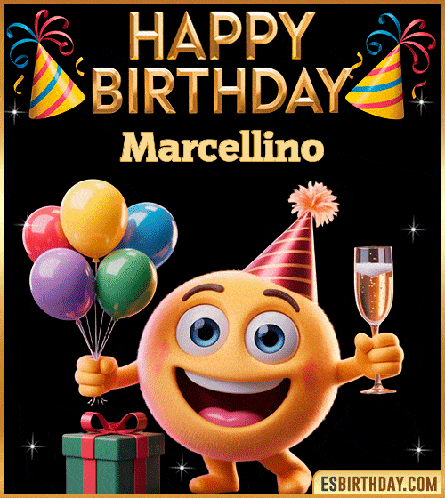Happy Birthday Marcellino PNG image with a smiling emoji holding balloons and a glass of champagne, perfect cheerful picture to celebrate birthdays
