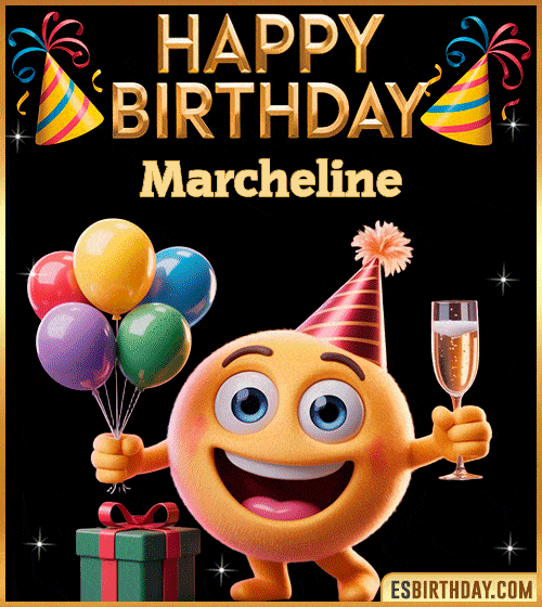 Happy Birthday Marcheline PNG image with a smiling emoji holding balloons and a glass of champagne, perfect cheerful picture to celebrate birthdays