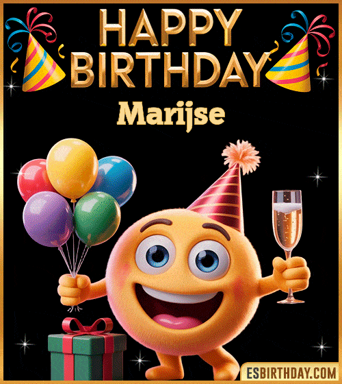 Happy Birthday Marijse PNG image with a smiling emoji holding balloons and a glass of champagne, perfect cheerful picture to celebrate birthdays