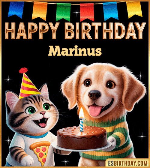 Cute funny happy birthday animated GIF with puppy and kitten celebrating, personalized for Marinus with cake and party hat, cheerful birthday greeting image