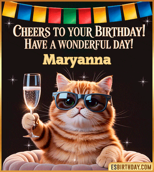 Funny Happy Birthday GIF – Cool Cat Toasting Animation for Maryanna Funny happy birthday GIF for Maryanna featuring a cool cat wearing sunglasses holding a champagne glass – personalized animated birthday greeting with a cheerful and classy vibe