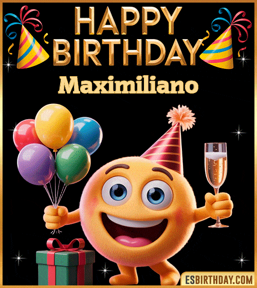 Happy Birthday Maximiliano PNG image with a smiling emoji holding balloons and a glass of champagne, perfect cheerful picture to celebrate birthdays