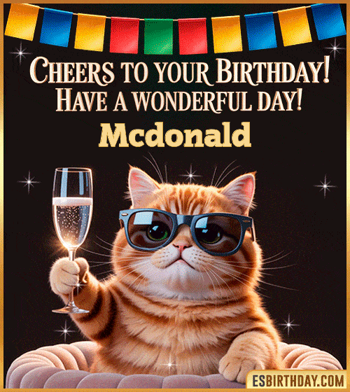 Funny Happy Birthday GIF – Cool Cat Toasting Animation for Mcdonald Funny happy birthday GIF for Mcdonald featuring a cool cat wearing sunglasses holding a champagne glass – personalized animated birthday greeting with a cheerful and classy vibe