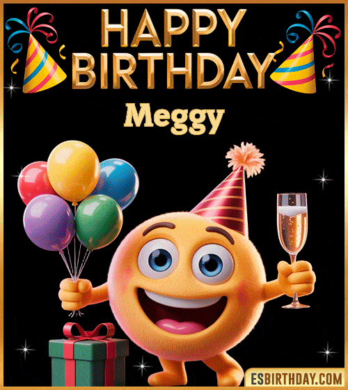 Happy Birthday Meggy PNG image with a smiling emoji holding balloons and a glass of champagne, perfect cheerful picture to celebrate birthdays