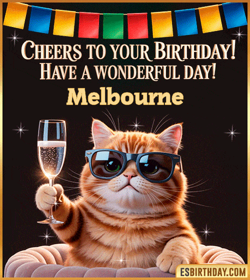 Funny Happy Birthday GIF – Cool Cat Toasting Animation for Melbourne Funny happy birthday GIF for Melbourne featuring a cool cat wearing sunglasses holding a champagne glass – personalized animated birthday greeting with a cheerful and classy vibe