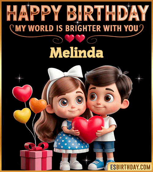 Sweet happy birthday GIF for Melinda with cute animated couple holding a red heart, heart balloons and gift box – personalized romantic birthday greeting saying my world is brighter with you