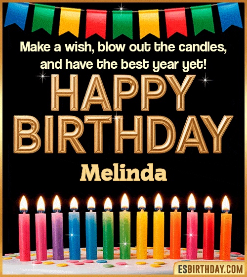 Happy birthday wishes GIF for Melinda with colorful candles, festive bunting and glowing text – personalized animated birthday greeting with name