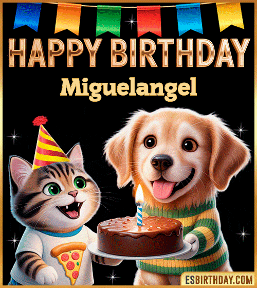 Cute funny happy birthday animated GIF with puppy and kitten celebrating, personalized for Miguelangel with cake and party hat, cheerful birthday greeting image