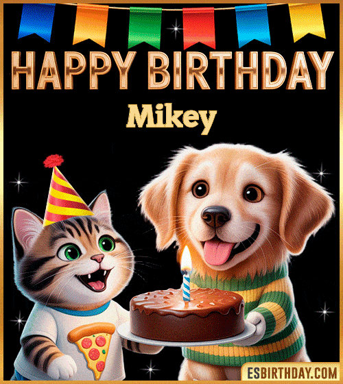 Cute funny happy birthday animated GIF with puppy and kitten celebrating, personalized for Mikey with cake and party hat, cheerful birthday greeting image