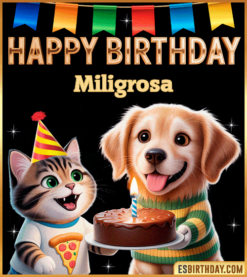 Cute funny happy birthday animated GIF with puppy and kitten celebrating, personalized for Miligrosa with cake and party hat, cheerful birthday greeting image