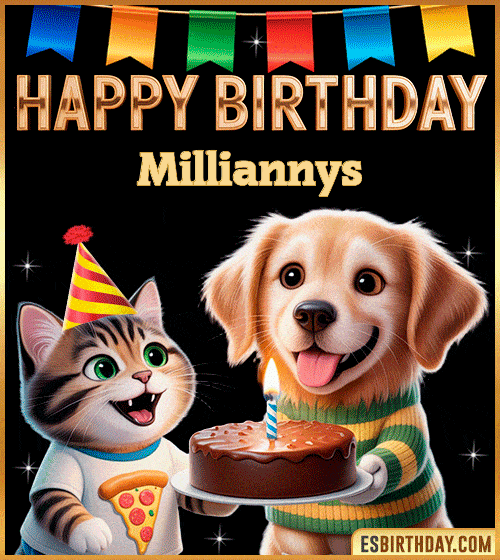 Cute funny happy birthday animated GIF with puppy and kitten celebrating, personalized for Milliannys with cake and party hat, cheerful birthday greeting image