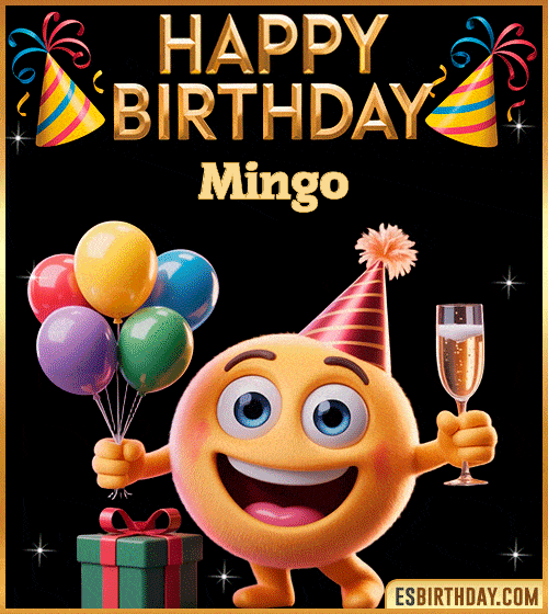 Happy Birthday Mingo PNG image with a smiling emoji holding balloons and a glass of champagne, perfect cheerful picture to celebrate birthdays