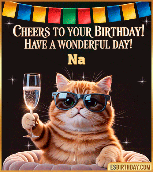 Funny happy birthday GIF for Na featuring a cool cat wearing sunglasses holding a champagne glass – personalized animated birthday greeting with a cheerful and classy vibe