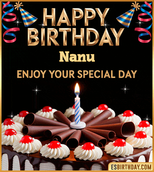 Happy birthday GIF for Nanu with chocolate cake, cherries, candle, and festive decorations – personalized animated birthday wishes to enjoy your special day