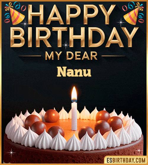 Happy birthday GIF for my dear Nanu with a chocolate cake, lit candle and festive decorations – personalized animated birthday greeting for someone special