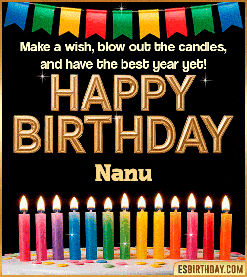 Happy birthday wishes GIF for Nanu with colorful candles, festive bunting and glowing text – personalized animated birthday greeting with name