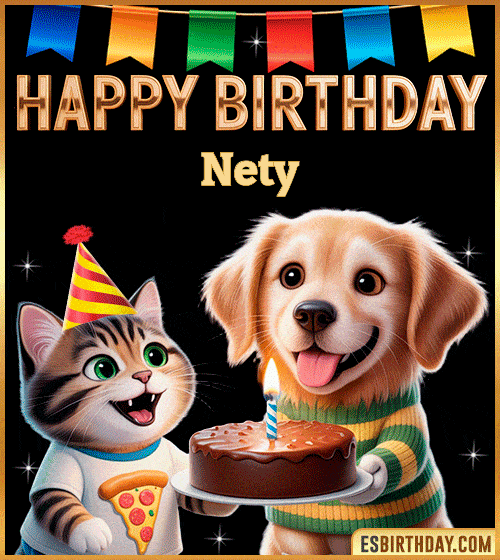 Cute funny happy birthday animated GIF with puppy and kitten celebrating, personalized for Nety with cake and party hat, cheerful birthday greeting image