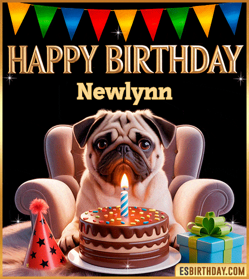 Funny happy birthday GIF for Newlynn featuring a cute pug sitting on a chair with a chocolate cake, birthday hat, candle, and colorful decorations – perfect funny dog-themed birthday greeting