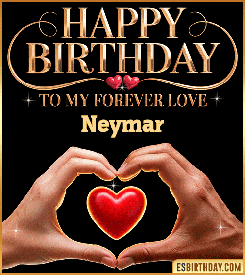 Romantic happy birthday GIF for Neymar with hands forming a heart around a glowing red heart – personalized animated birthday greeting to my forever love