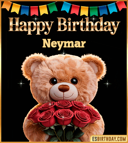 Cute happy birthday GIF for Neymar with a smiling teddy bear holding a bouquet of red roses – personalized animated birthday greeting with a sweet and loving vibe