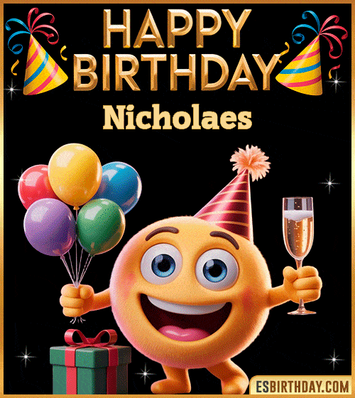 Happy Birthday Nicholaes PNG image with a smiling emoji holding balloons and a glass of champagne, perfect cheerful picture to celebrate birthdays