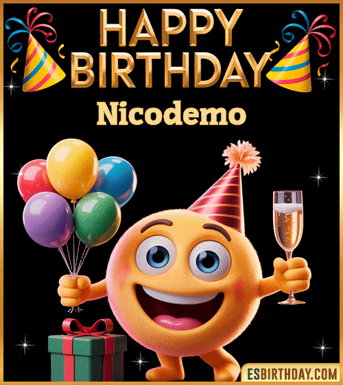Happy Birthday Nicodemo PNG image with a smiling emoji holding balloons and a glass of champagne, perfect cheerful picture to celebrate birthdays