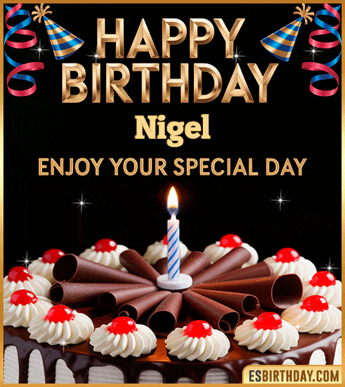 Happy birthday GIF for Nigel with chocolate cake, cherries, candle, and festive decorations – personalized animated birthday wishes to enjoy your special day