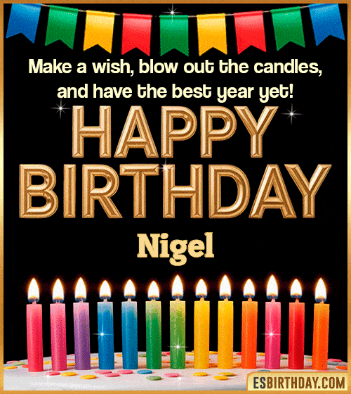 Happy birthday wishes GIF for Nigel with colorful candles, festive bunting and glowing text – personalized animated birthday greeting with name