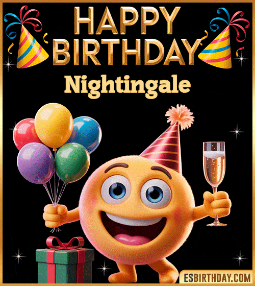 Happy Birthday Nightingale PNG image with a smiling emoji holding balloons and a glass of champagne, perfect cheerful picture to celebrate birthdays