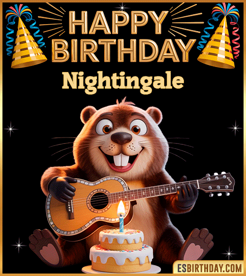Funny Happy Birthday GIF for Nightingale – a cute beaver playing guitar next to a birthday cake and colorful party decorations, sending warm and joyful birthday wishes.