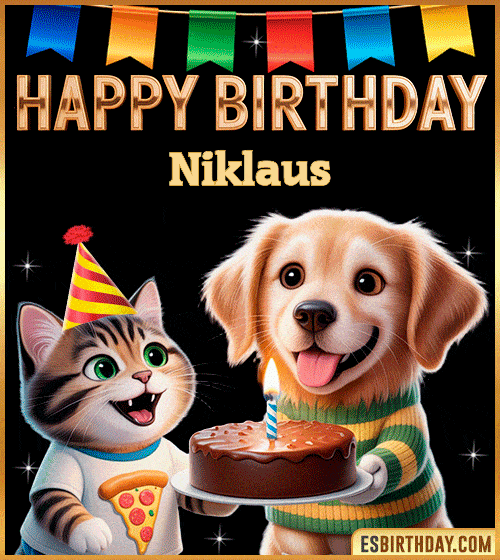 Cute funny happy birthday animated GIF with puppy and kitten celebrating, personalized for Niklaus with cake and party hat, cheerful birthday greeting image