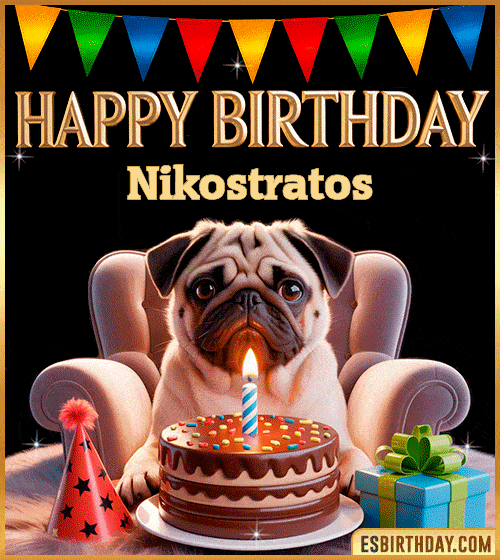 Funny happy birthday GIF for Nikostratos featuring a cute pug sitting on a chair with a chocolate cake, birthday hat, candle, and colorful decorations – perfect funny dog-themed birthday greeting
