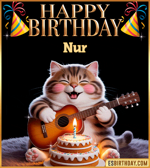Funny happy birthday GIF for Nur with a cute cat playing guitar next to a birthday cake with candle – personalized animated birthday greeting with a joyful and playful vibe
