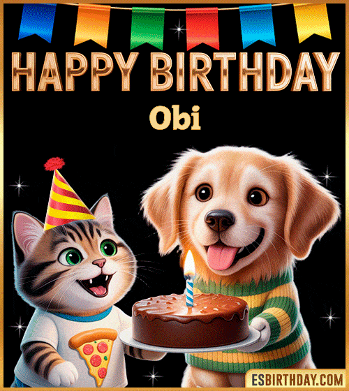 Cute funny happy birthday animated GIF with puppy and kitten celebrating, personalized for Obi with cake and party hat, cheerful birthday greeting image