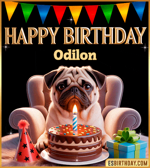 Funny happy birthday GIF for Odilon featuring a cute pug sitting on a chair with a chocolate cake, birthday hat, candle, and colorful decorations – perfect funny dog-themed birthday greeting
