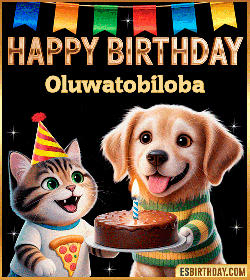 Cute funny happy birthday animated GIF with puppy and kitten celebrating, personalized for Oluwatobiloba with cake and party hat, cheerful birthday greeting image