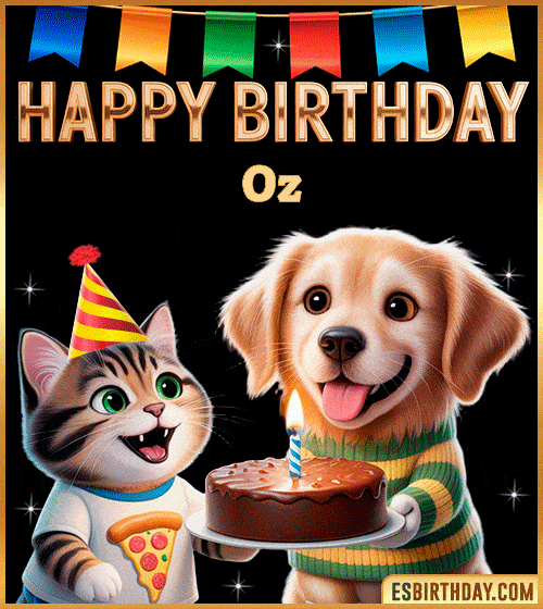 Cute funny happy birthday animated GIF with puppy and kitten celebrating, personalized for Oz with cake and party hat, cheerful birthday greeting image