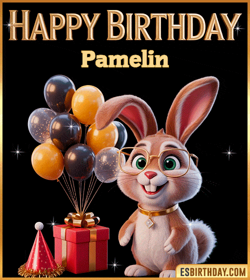 Funny happy birthday GIF for Pamelin featuring a cute bunny with glasses, festive balloons and a gift box – personalized animated birthday greeting with a playful and joyful vibe