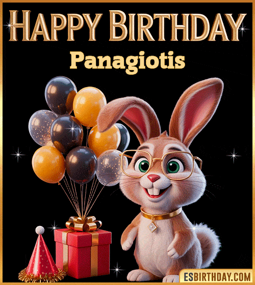 Funny happy birthday GIF for Panagiotis featuring a cute bunny with glasses, festive balloons and a gift box – personalized animated birthday greeting with a playful and joyful vibe