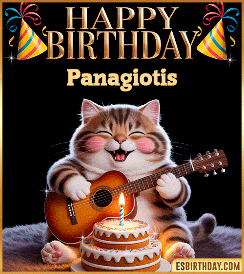 Funny happy birthday GIF for Panagiotis with a cute cat playing guitar next to a birthday cake with candle – personalized animated birthday greeting with a joyful and playful vibe