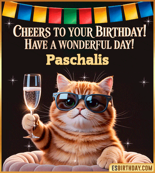 Funny happy birthday GIF for Paschalis featuring a cool cat wearing sunglasses holding a champagne glass – personalized animated birthday greeting with a cheerful and classy vibe