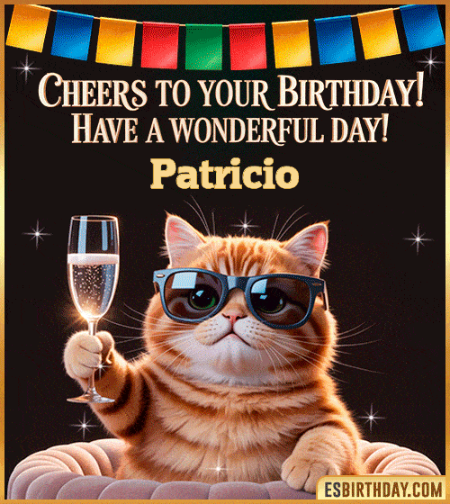 Funny happy birthday GIF for Patricio featuring a cool cat wearing sunglasses holding a champagne glass – personalized animated birthday greeting with a cheerful and classy vibe