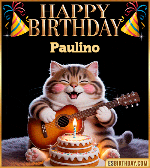 Funny happy birthday GIF for Paulino with a cute cat playing guitar next to a birthday cake with candle – personalized animated birthday greeting with a joyful and playful vibe