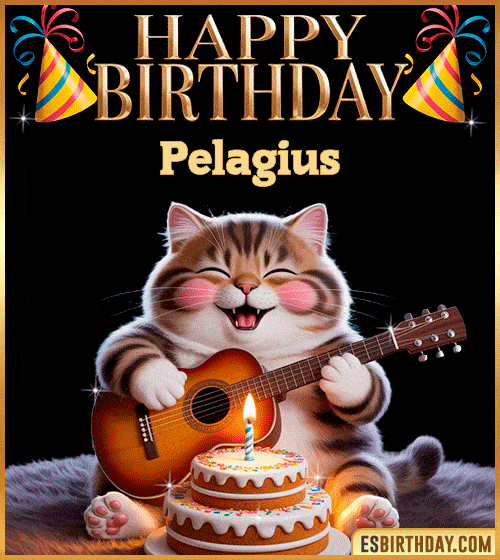 Funny happy birthday GIF for Pelagius with a cute cat playing guitar next to a birthday cake with candle – personalized animated birthday greeting with a joyful and playful vibe