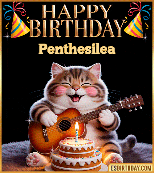 Funny happy birthday GIF for Penthesilea with a cute cat playing guitar next to a birthday cake with candle – personalized animated birthday greeting with a joyful and playful vibe