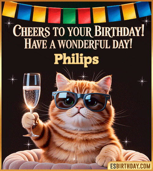 Funny happy birthday GIF for Philips featuring a cool cat wearing sunglasses holding a champagne glass – personalized animated birthday greeting with a cheerful and classy vibe