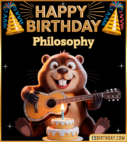 Funny Happy Birthday GIF for Philosophy – a cute beaver playing guitar next to a birthday cake and colorful party decorations, sending warm and joyful birthday wishes.