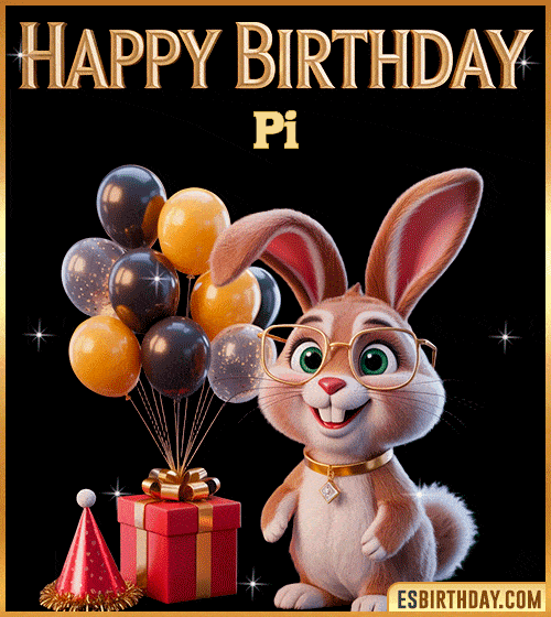 Funny happy birthday GIF for Pi featuring a cute bunny with glasses, festive balloons and a gift box – personalized animated birthday greeting with a playful and joyful vibe